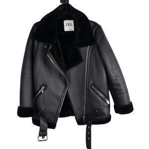 Zara Womens S Black Faux Shearling Double Faced Leather Biker Jacket Oversized